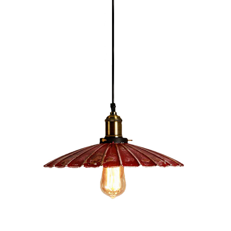 Rustic Red Scalloped Shade Pendant Lamp - Metallic Finish, Coffee Shop Hanging Light Fixture