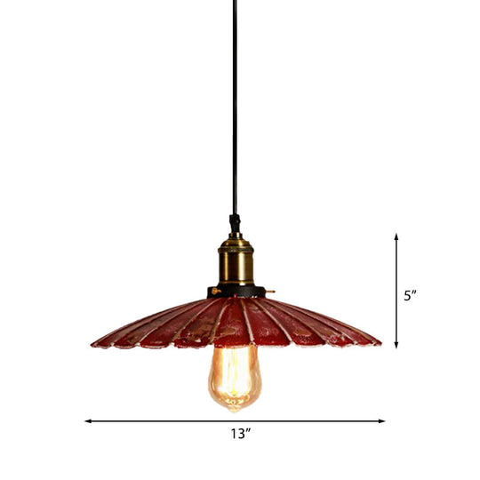 Rustic Red Scalloped Shade Pendant Lamp - Metallic Finish, Coffee Shop Hanging Light Fixture