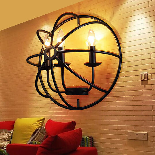 Industrial Circle Caged Wall Sconce Light With Candle Design - 2/3 Lights For Dining Room Black Iron