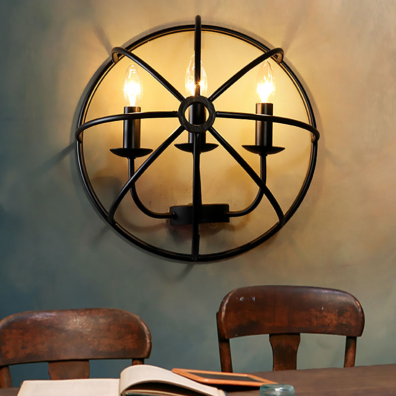 Industrial Circle Caged Wall Sconce Light With Candle Design - 2/3 Lights For Dining Room Black Iron