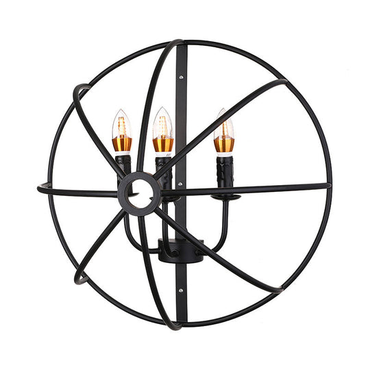 Industrial Circle Caged Wall Sconce Light With Candle Design - 2/3 Lights For Dining Room Black Iron