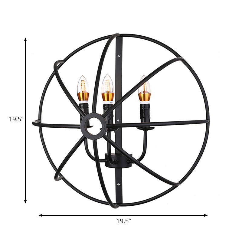 Industrial Circle Caged Wall Sconce Light With Candle Design - 2/3 Lights For Dining Room Black Iron