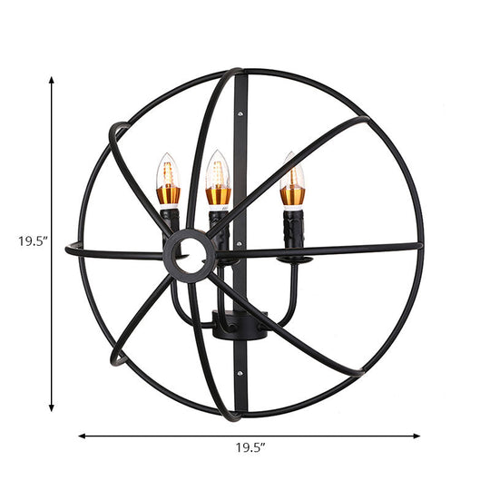 Industrial Circle Caged Wall Sconce Light With Candle Design - 2/3 Lights For Dining Room Black Iron