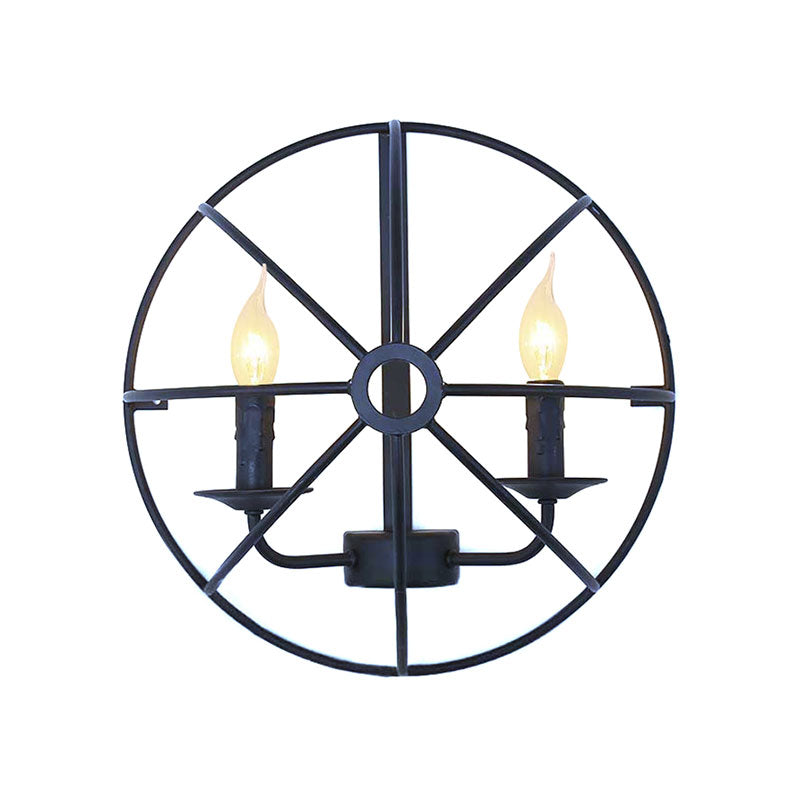 Industrial Circle Caged Wall Sconce Light With Candle Design - 2/3 Lights For Dining Room Black Iron