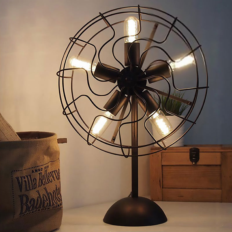 5-Bulb Farmhouse Style Table Lamp With Fan Design Cage Shade And Metallic Black Finish Perfect For