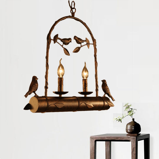 Lodge Birdcage Chandelier Lamp with Flameless Candle - Wrought Iron Pendant Lighting in Dark Rust (2 Lights)