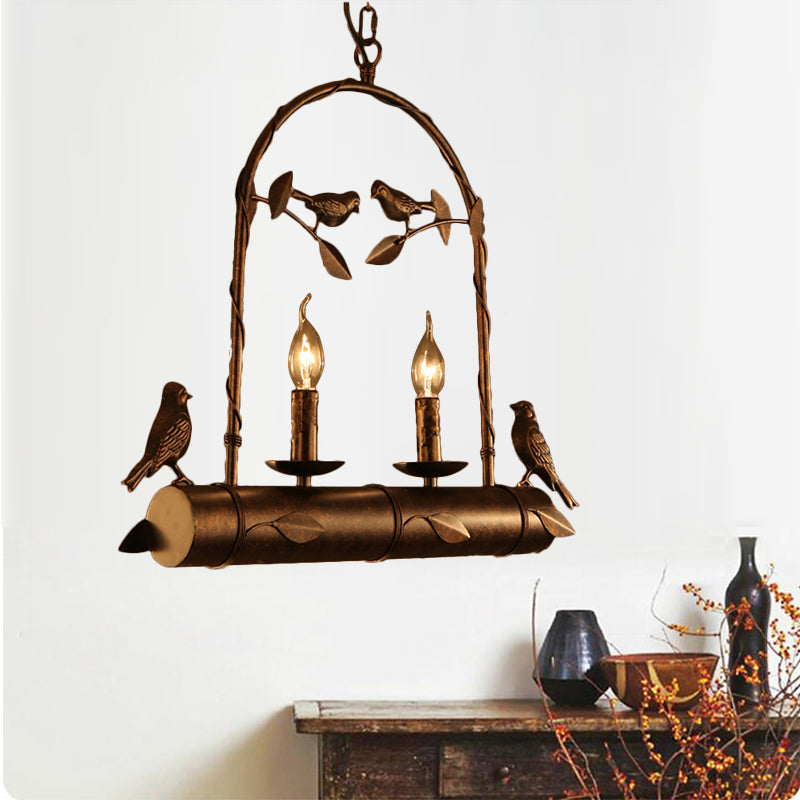 Lodge Birdcage Chandelier Lamp With Flameless Candle - 2-Light Wrought Iron Pendant Lighting In Dark