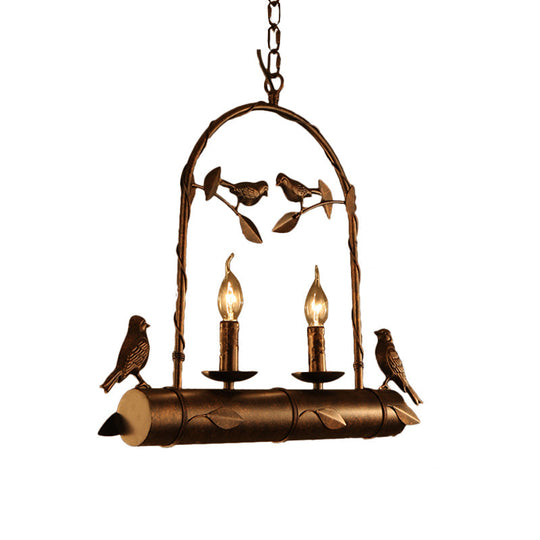 Lodge Birdcage Chandelier Lamp With Flameless Candle - 2-Light Wrought Iron Pendant Lighting In Dark