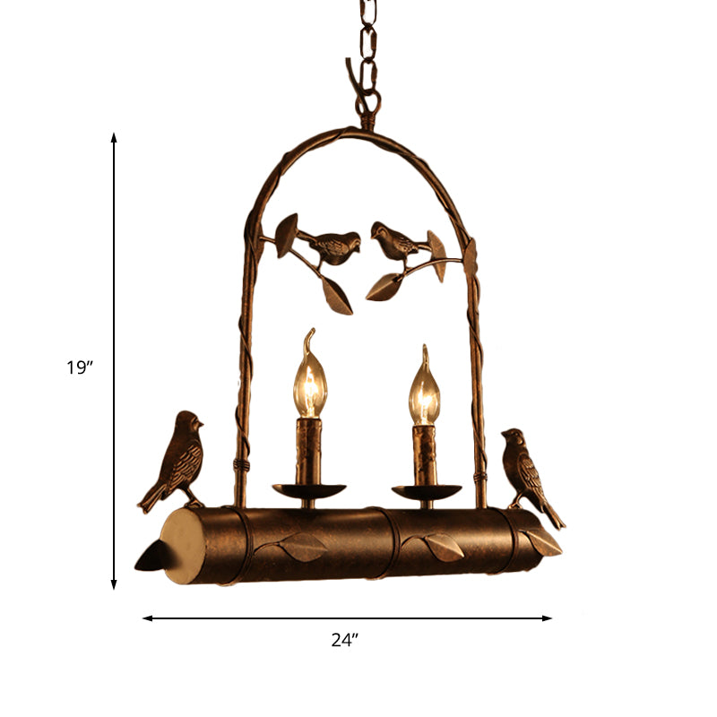 Lodge Birdcage Chandelier Lamp with Flameless Candle - Wrought Iron Pendant Lighting in Dark Rust (2 Lights)