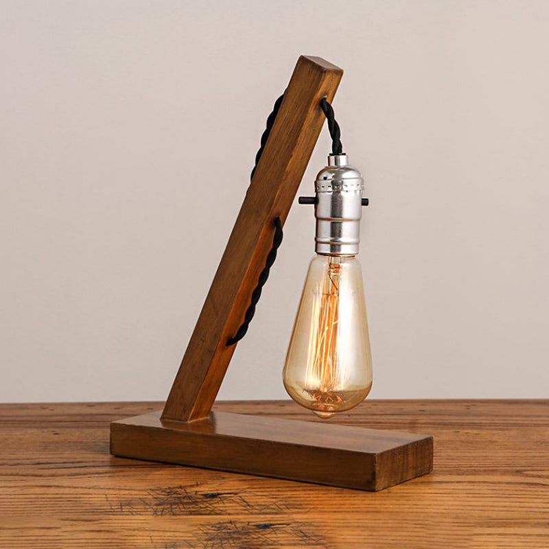 Vintage Style Mini Wooden Table Lamp With Open Bulb And Plug-In Cord - Light Brown