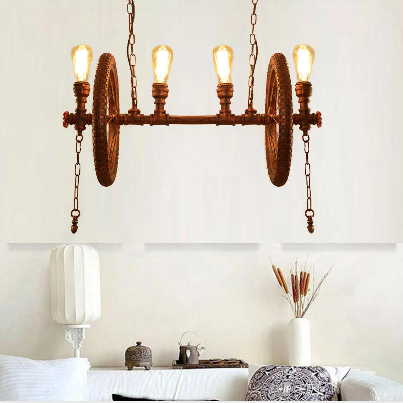 Vintage Style Wheel Shaped Metal Pendant Light With Bare Bulb - Rust Finish Set Of 4