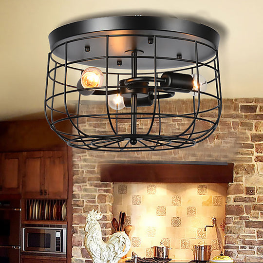 Black Wire Cage Metal Flush Mount Pendant Light - Industrial Style with 3 Lights, Perfect for Restaurants