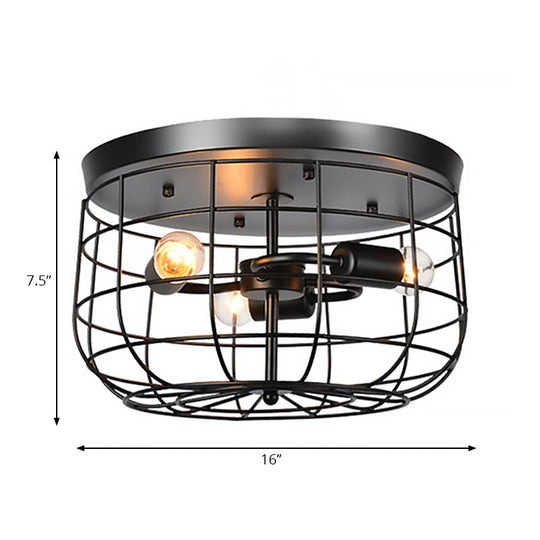 Black Wire Cage Metal Flush Mount Pendant Light - Industrial Style with 3 Lights, Perfect for Restaurants