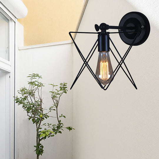 Star Design Wall Lamp - Bulb Included Wire Frame Style Industrial Black Metal Sconce Lighting