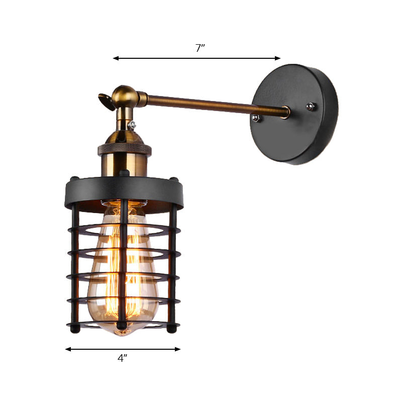 Industrial Rustic Metal Caged Wall Lighting: 1-Light Indoor Mini Wall-Mount Light With Cylindrical