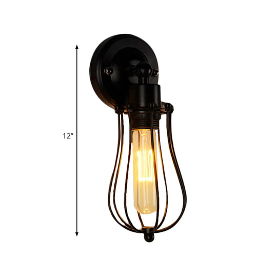 Vintage Industrial 1/2-Light Metal Bulb Wall Sconce With Cage Shade For Restaurants - Black/Nickel