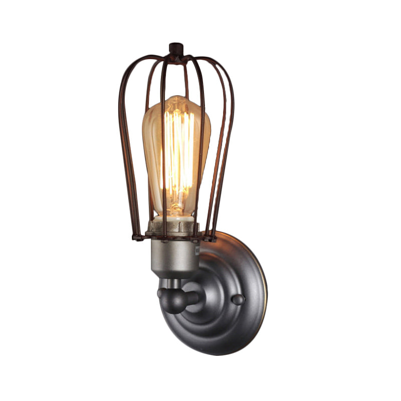 Vintage Industrial 1/2-Light Metal Bulb Wall Sconce With Cage Shade For Restaurants - Black/Nickel