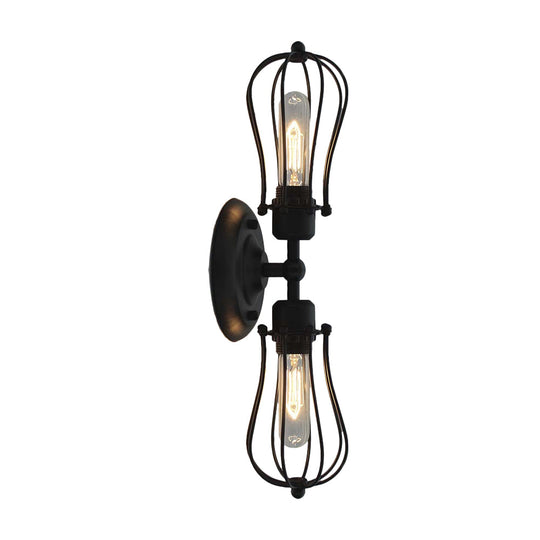 Vintage Industrial 1/2-Light Metal Bulb Wall Sconce With Cage Shade For Restaurants - Black/Nickel