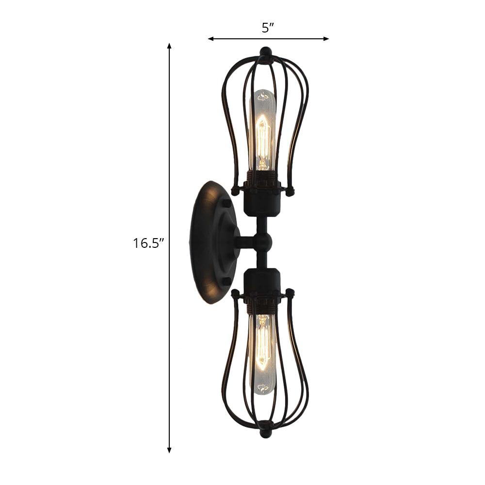 Vintage Industrial 1/2-Light Metal Bulb Wall Sconce With Cage Shade For Restaurants - Black/Nickel