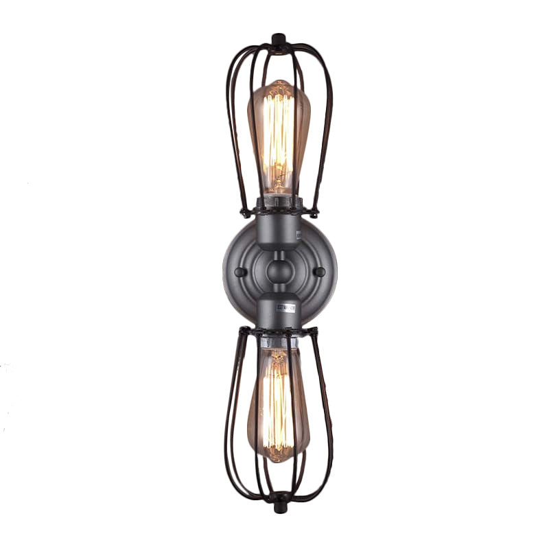 Vintage Industrial 1/2-Light Metal Bulb Wall Sconce With Cage Shade For Restaurants - Black/Nickel