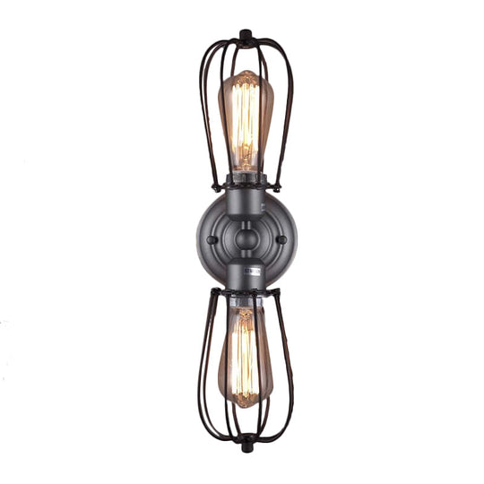 Vintage Industrial 1/2-Light Metal Bulb Wall Sconce With Cage Shade For Restaurants - Black/Nickel