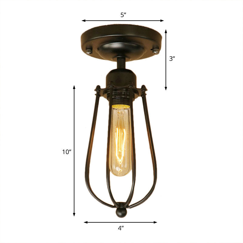 Industrial Loft Black Metallic Mini Cage Semi Flush Light Fixture - 1 Light Close to Ceiling