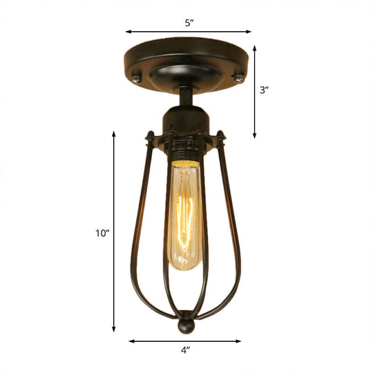 Industrial Loft Black Metallic Mini Cage Semi Flush Light Fixture - 1 Light Close to Ceiling