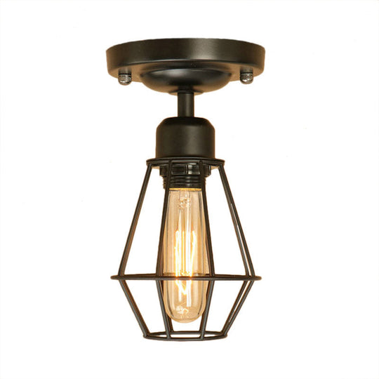 Industrial Style Black Iron Semi Flush Mount Ceiling Light with Open Cage Design for Living Room