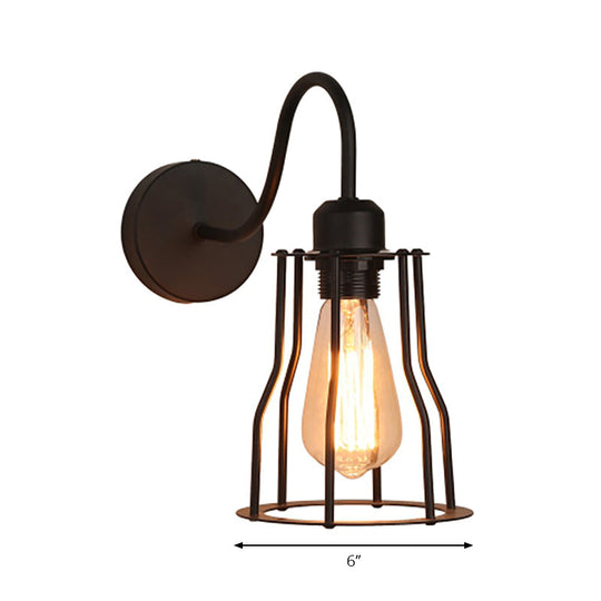 Vintage-Style Iron Caged Farmhouse Wall Sconce With Gooseneck Arm - 1 Light Black Mount