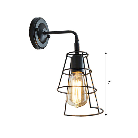 Conic Cage Wall Mount Light With Curved Arm - Vintage Style Metallic Lamp In Black/White