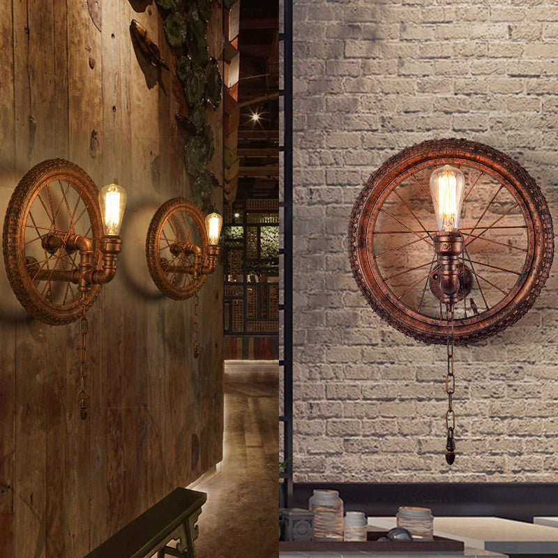 Rustic Industrial Wheel Metal Sconce Lamp - Dark Rust Wall Lighting For Restaurants