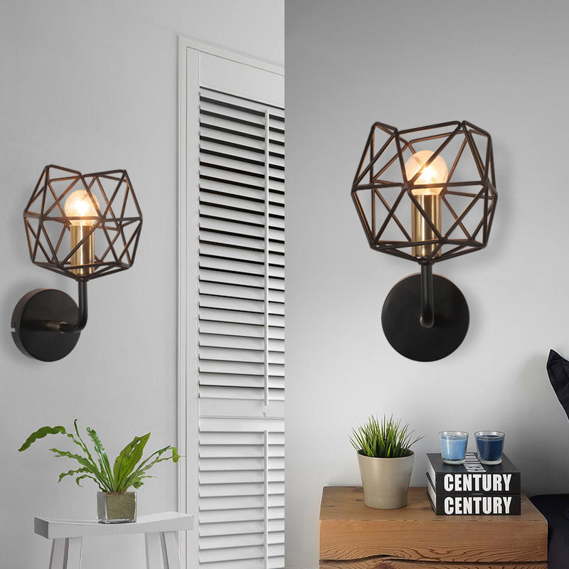 Vintage Retro Metal Polyhedron Wall Sconce: Black Globe Light For Bedroom