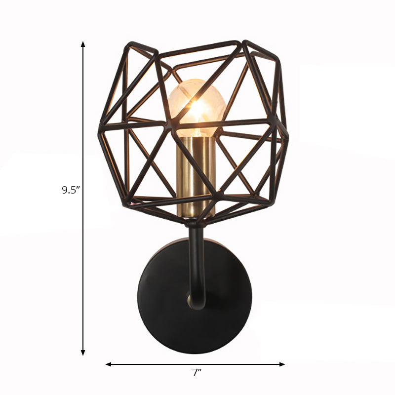 Vintage Retro Metal Polyhedron Wall Sconce: Black Globe Light For Bedroom