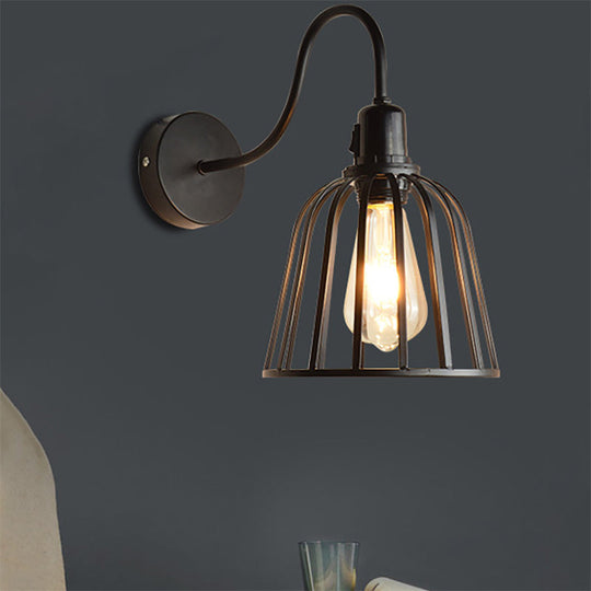 Industrial Swing Arm Wall Lamp With Metallic Wire Cage - Bedroom Lighting In Black