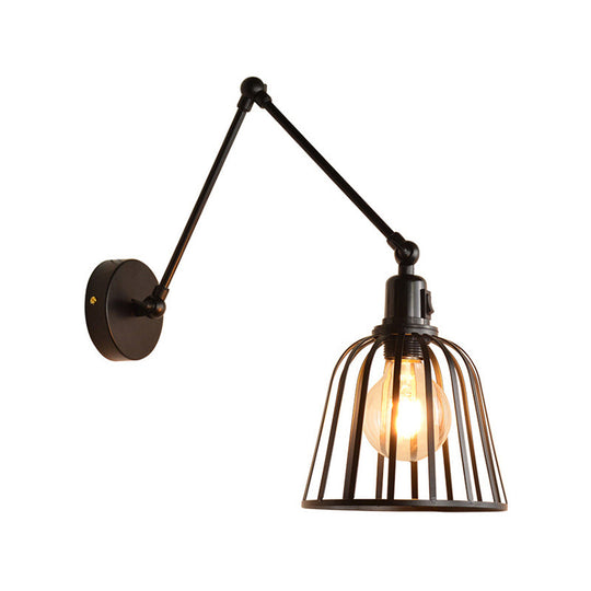 Industrial Swing Arm Wall Lamp With Metallic Wire Cage - Bedroom Lighting In Black