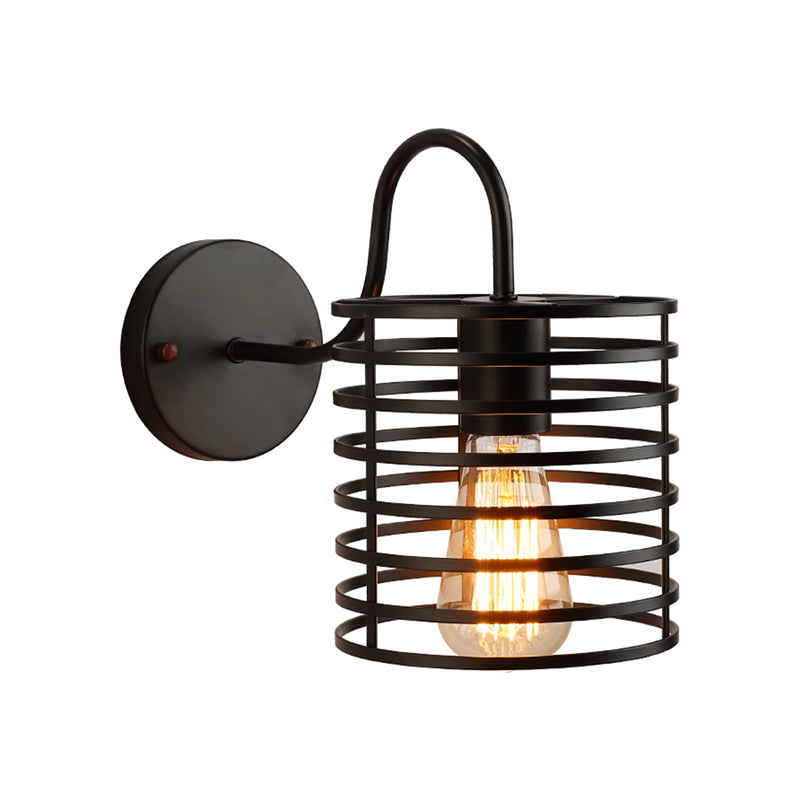 Retro Metal Cylinder Caged Wall Lamp With Gooseneck Arm - Black 8.5/9.5 Width