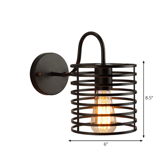 Retro Metal Cylinder Caged Wall Lamp With Gooseneck Arm - Black 8.5/9.5 Width