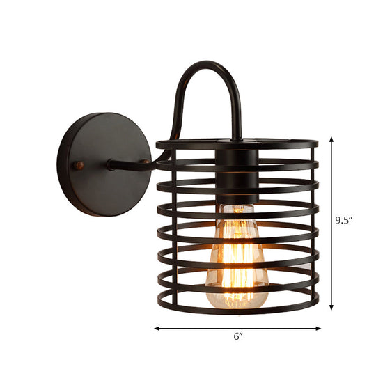 Retro Metal Cylinder Caged Wall Lamp With Gooseneck Arm - Black 8.5/9.5 Width