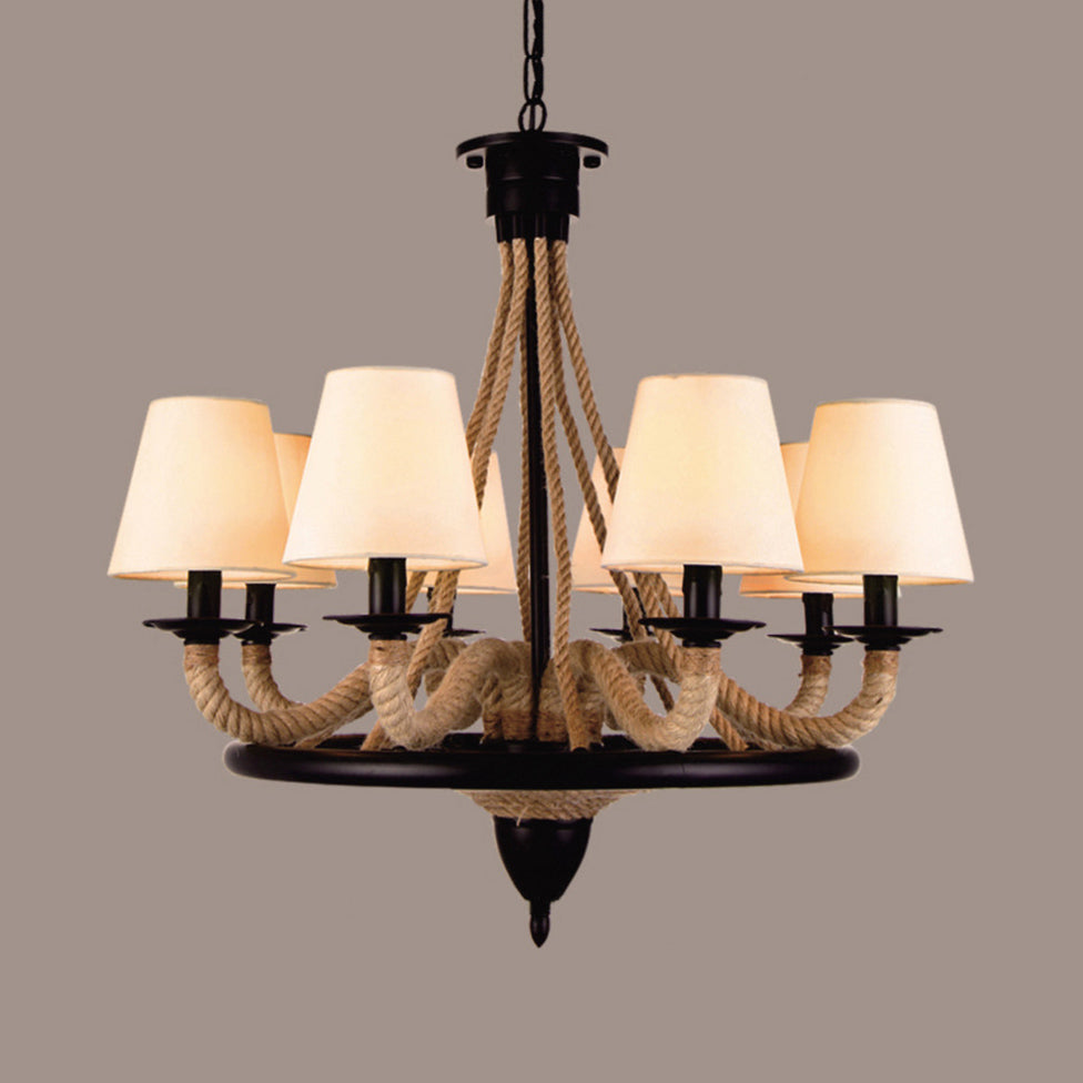 Farmhouse Wagon Wheel Pendant Light Fixture with Fabric Cone Shade - 6/8 Bulbs, Beige Rope Chandelier