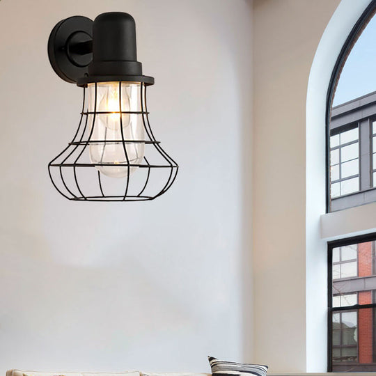 Industrial Black Metal Sconce Light With Clear Glass Shade For Porch - 1 Wire Frame Wall Lamp