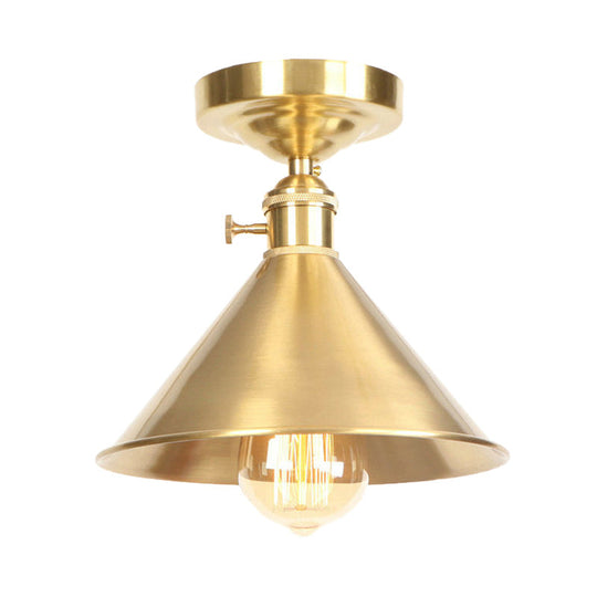 Vintage Industrial Brushed Brass Semi Flush Light - 1 Light Ceiling Mounted Balcony Fixture, 8"/9.5" Wide