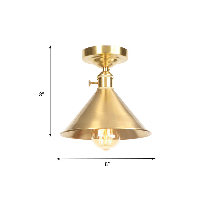 Vintage Industrial Brushed Brass Semi Flush Light - 1 Light Ceiling Mounted Balcony Fixture, 8"/9.5" Wide