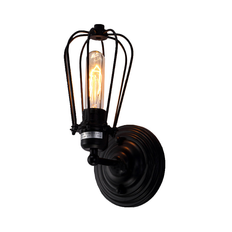 Industrial Rustic Wall Sconce Light With Bulb Cage Shade Metal Black Finish (2-Pack)