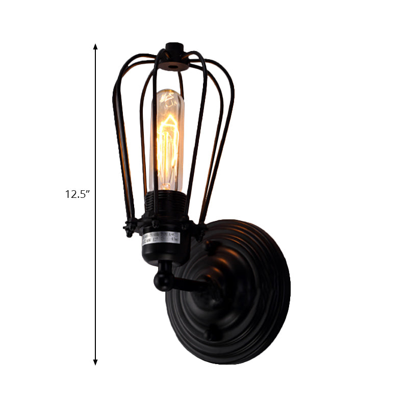 Industrial Rustic Wall Sconce Light With Bulb Cage Shade Metal Black Finish (2-Pack)