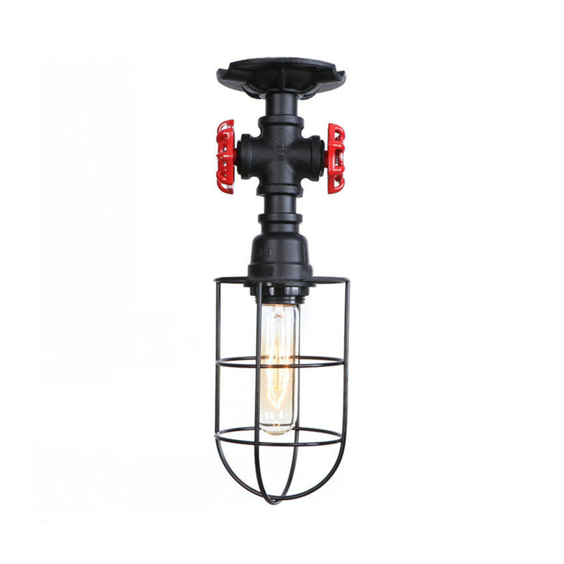 Valve Nautical Style Cage Metal Semi Flush Light - 1 Light Living Room Ceiling Fixture in Black/Bronze