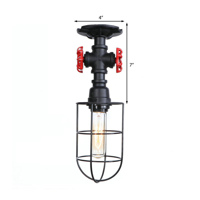 Valve Nautical Style Cage Metal Semi Flush Light - 1 Light Living Room Ceiling Fixture in Black/Bronze