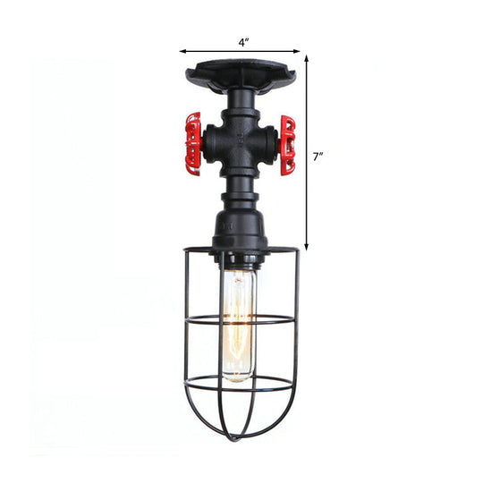 Valve Nautical Style Cage Metal Semi Flush Light - 1 Light Living Room Ceiling Fixture in Black/Bronze