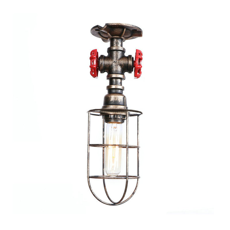 Valve Nautical Style Cage Metal Semi Flush Light - 1 Light Living Room Ceiling Fixture in Black/Bronze