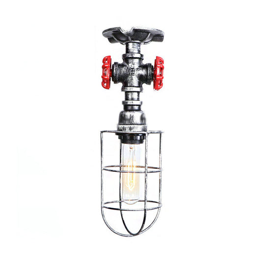 Valve Nautical Style Cage Metal Semi Flush Light - 1 Light Living Room Ceiling Fixture in Black/Bronze