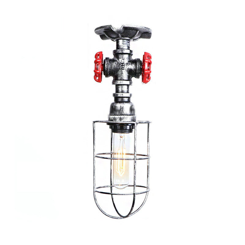 Valve Nautical Style Cage Metal Semi Flush Light - 1 Living Room Ceiling Fixture In Black/Bronze